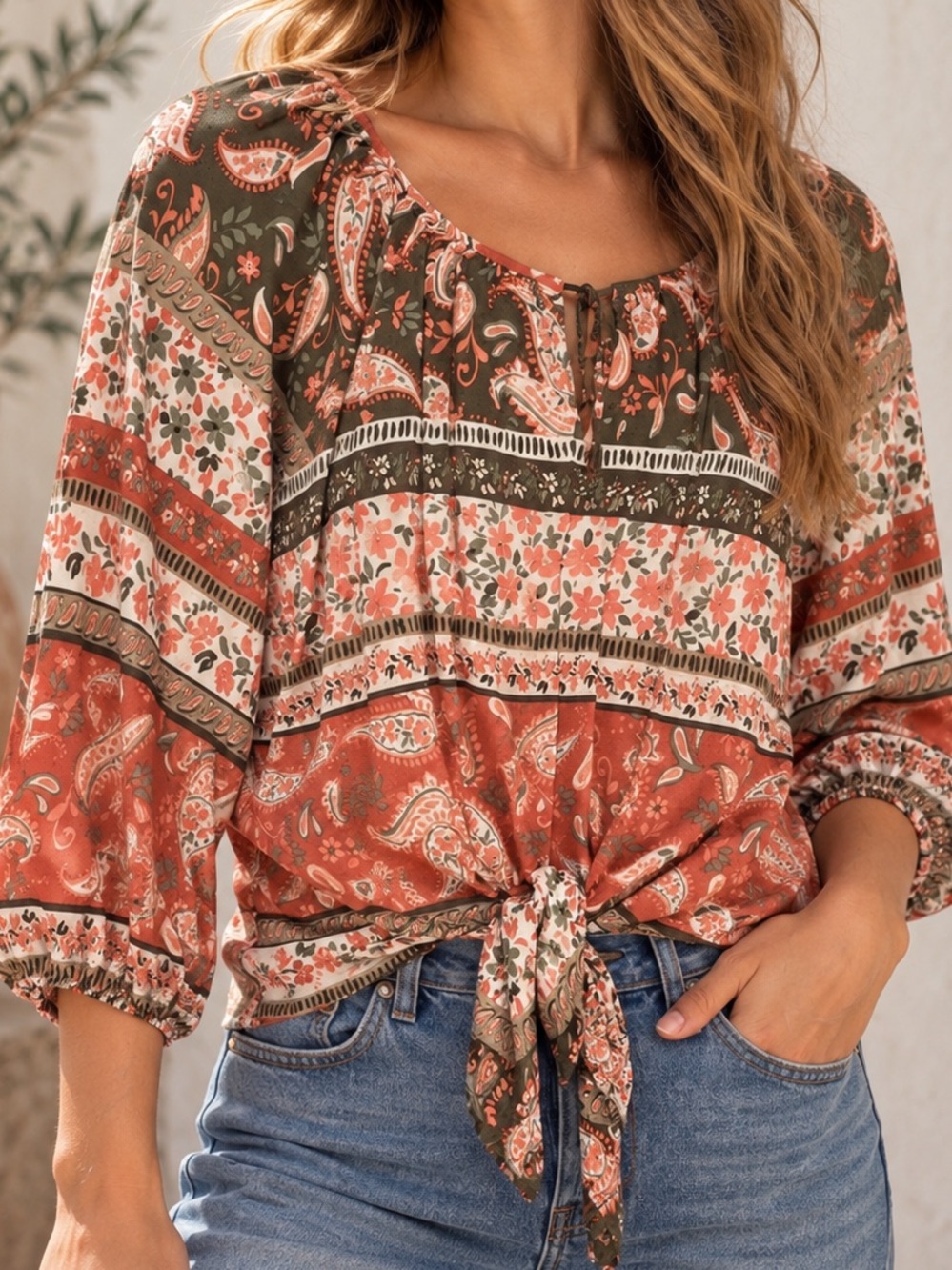 Allison Daley Paisley Floral Boho Peasant Tie Front Blouse Large